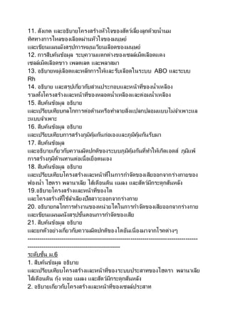 11. สังเกต และอธิบายโครงสร้างหัวใจของสัตว์เลี้ยงลูกด้วยน้านม
ทิศทางการไหลของเลือดผ่านหัวใจของมนุษย์
และเขียนแผนผังสรุปการหมุนเวียนเลือดของมนุษย์
12. การสืบค้นข้อมูล ระบุความแตกต่างของเซลล์เม็ดเลือดแดง
เซลล์เม็ดเลือดขาว เพลตเลต และพลาสมา
13. อธิบายหมู่เลือดและหลักการให้และรับเลือดในระบบ ABO และระบบ
Rh
14. อธิบาย และสรุปเกี่ยวกับส่วนประกอบและหน้าที่ของน้าเหลือง
รวมทั้งโครงสร้างและหน้าที่ของหลอดน้าเหลืองและต่อมน้าเหลือง
15. สืบค้นข้อมูล อธิบาย
และเปรียบเทียบกลไกการต่อต้านหรือทาลายสิ่งแปลกปลอมแบบไม่จาเพาะแล
ะแบบจาเพาะ
16. สืบค้นข้อมูล อธิบาย
และเปรียบเทียบการสร้างภูมิคุ้มกันก่อเองและภูมิคุ้มกันรับมา
17. สืบค้นข้อมูล
และอธิบายเกี่ยวกับความผิดปกติของระบบภูมิคุ้มกันที่ทาให้เกิดเอดส์ ภูมิแพ้
การสร้างภูมิต้านทานต่อเนื้อเยื่อตนเอง
18. สืบค้นข้อมูล อธิบาย
และเปรียบเทียบโครงสร้างและหน้าที่ในการกาจัดของเสียออกจากร่างกายของ
ฟองน้า ไฮดรา พลานาเลีย ไส้เดือนดิน แมลง และสัตว์มีกระดูกสันหลัง
19.อธิบายโครงสร้างและหน้าที่ของไต
และโครงสร้างที่ใช้ลาเลียงปัสสาวะออกจากร่างกาย
20. อธิบายกลไกการทางานของหน่วยไตในการกาจัดของเสียออกจากร่างกาย
และเขียนแผนผนังสรุปขั้นตอนการกาจัดของเสีย
21. สืบค้นข้อมูล อธิบาย
และยกตัวอย่างเกี่ยวกับความผิดปกติของไตอันเนื่องมาจากโรคต่างๆ
------------------------------------------------------------------------------------
----------------------------------------------
ระดับชั้น ม.6
1. สืบค้นข้อมูล อธิบาย
และเปรียบเทียบโครงสร้างและหน้าที่ของระบบประสาทของไฮดรา พลานาเลีย
ไส้เดือนดิน กุ้ง หอย แมลง และสัตว์มีกระดูกสันหลัง
2. อธิบายเกี่ยวกับโครงสร้างและหน้าที่ของเซลล์ประสาท
 