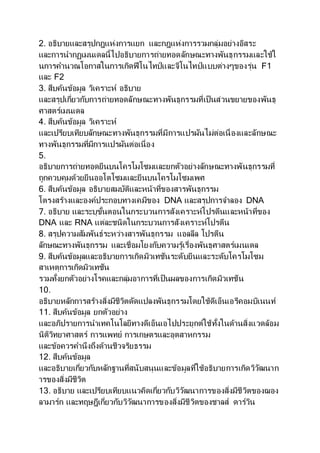 2. อธิบายและสรุปกฎแห่งการแยก และกฎแห่งการรวมกลุ่มอย่างอิสระ
และการนากฏเมนเดลนี้ไปอธิบายการถ่ายทอดลักษณะทางพันธุกรรมและใช้ใ
นการคานวณโอกาสในการเกิดฟีโนไทป์ และจีโนไทป์ แบบต่างๆของรุ่น F1
และ F2
3. สืบค้นข้อมูล วิเคราะห์ อธิบาย
และสรุปเกี่ยวกับการถ่ายทอดลักษณะทางพันธุกรรมที่เป็นส่วนขยายของพันธุ
ศาสตร์เมนเดล
4. สืบค้นข้อมูล วิเคราะห์
และเปรียบเทียบลักษณะทางพันธุกรรมที่มีการแปรผันไม่ต่อเนื่องและลักษณะ
ทางพันธุกรรมที่มีการแปรผันต่อเนื่อง
5.
อธิบายการถ่ายทอดยีนบนโครโมโซมและยกตัวอย่างลักษณะทางพันธุกรรมที่
ถูกควบคุมด้วยยีนออโตโซมและยีนบนโครโมโซมเพศ
6. สืบค้นข้อมูล อธิบายสมบัติและหน้าที่ของสารพันธุกรรม
โตรงสร้างและองค์ประกอบทางเคมีของ DNA และสรุปการจาลอง DNA
7. อธิบาย และระบุขั้นตอนในกระบวนการสังเคราะห์โปรตีนและหน้าที่ของ
DNA และ RNA แต่ละชนิดในกระบวนการสังเคราะห์โปรตีน
8. สรุปความสัมพันธ์ระหว่างสารพันธุกรรม แอลลีล โปรตีน
ลักษณะทางพันธุกรรม และเชื่อมโยงกับความรู้เรื่องพันธุศาสตร์เมนเดล
9. สืบค้นข้อมูลและอธิบายการเกิดมิวเทชันระดับยีนและระดับโครโมโซม
สาเหตุการเกิดมิวเทชัน
รวมทั้งยกตัวอย่างโรคและกลุ่มอาการที่เป็นผลของการเกิดมิวเทชัน
10.
อธิบายหลักการสร้างสิ่งมีชีวิตดัดแปลงพันธุกรรมโดยใช้ดีเอ็นเอรีคอมบิเนนท์
11. สืบค้นข้อมูล ยกตัวอย่าง
และอภิปรายการนาเทคโนโลยีทางดีเอ็นเอไปประยุกต์ใช้ทั้งในด้านสิ่งแวดล้อม
นิติวิทยาศาสตร์ การแพทย์ การเกษตรและอุตสาหกรรม
และข้อควรคานึงถึงด้านชีวจริยธรรม
12. สืบค้นข้อมูล
และอธิบายเกี่ยวกับหลักฐานที่สนับสนุนและข้อมูลที่ใช้อธิบายการเกิดวิวัฒนาก
ารของสิ่งมีชีวิต
13. อธิบาย และเปรียบเทียบแนวคิดเกี่ยวกับวิวัฒนาการของสิ่งมีชีวิตของฌอง
ลามาร์ก และทฤษฎีเกี่ยวกับวิวัฒนาการของสิ่งมีชีวิตของชาลส์ ดาร์วิน
 