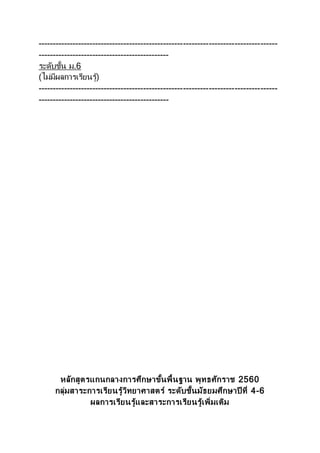 ------------------------------------------------------------------------------------
----------------------------------------------
ระดับชั้น ม.6
(ไม่มีผลการเรียนรู้)
------------------------------------------------------------------------------------
----------------------------------------------
หลักสูตรแกนกลางการศึกษาขั้นพื้นฐาน พุทธศักราช 2560
กลุ่มสาระการเรียนรู้วิทยาศาสตร์ ระดับชั้นมัธยมศึกษาปี ที่ 4-6
ผลการเรียนรู้และสาระการเรียนรู้เพิ่มเติม
 