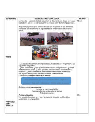 MOMENTOS SECUENCIA METODOLÓGICA TIEMPO
INICIO
La maestra - Los estudiantes recuerdan la clase anterior, luego se recoge
los saberes previos sobre los cuantificadores a partir de la rompecabezas.
-Repartimos por equipos rompecabezas con imágenes de los diferentes
puntos de abastecimiento de agua donde se evidencia las situaciones
dadas.
- Los estudiantes arman el rompecabezas, lo socializan y responden a las
siguientes preguntas:
- ¿Qué observan?, ¿Para qué estarán haciendo cola personas? ¿Dónde
están haciendo cola?, ¿Crees que esta situación habrá sucedido en tu
localidad?, ¿Qué Cantidad de personas estará haciendo estas colas?
-Se registra en la pizarra las respuestas de los estudiantes.
- Presentamos el propósito de la sesión:
-Establecemos los acuerdos:
Levantar la mano para hablar
Respetar el orden en las intervenciones
Trabajo en equipo.
15 min
PROCESO/
DESA
RROLLO
Problematización:
Los estudiantes observan y leen la siguiente situación problemática
presentada en un papelote.
60m
“Hoy aprenderemos a utilizar las palabras “todos”, “algunos” y
“ninguno”, “más que”, “menos que”, “tantos como”.al agrupar
personas u objetos de nuestro entorno.
 