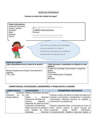 SESIÓN DE APRENDIZAJE
“Leemos un texto del cuidado del agua”
Datos informativos
Institución Educativa : _______________________________
Grado y sección : 2º “____”
Duración : 2 HORAS PEDAGÓGICAS
Nivel : Primaria
Docente : _______________________________
Fecha : _______________________________
Antes de la sesión:
¿Qué necesitamos hacer antes de la sesión? ¿Qué recursos o materiales se utilizará en esta
sesión?
Revisar Cuadernos de trabajo Comunicación 2
(páginas
179 y 180).
Cuadernos de trabajo Comunicación 2 (segundo
grado).
Plumones.
Cinta masking tape o limpiatipo.
Lápiz.
Borrador.
COMPETENCIAS, CAPACIDADES, DESEMPEÑOS A TRABAJAR EN LA SESIÓN:
COMPETENCIAS CAPACIDADES DESEMPEÑOS PRECISADOS
Se comunica
oralmente en su
lengua materna
Obtiene información del texto
oral.
Infiere e interpreta
información del texto oral
Adecua , organiza y
desarrolla las ideas de forma
coherente y cohesionada
Utiliza recursos no verbales y
para verbales de forma
estrategia interactúa
Adecúa su texto oral sobre el cuidado del agua a la
situación comunicativa considerando el propósito
comunicativo utilizando recursos no verbales y
recurriendo a su experiencia.
Expresa oralmente ideas y emociones en torno al
tema ¿Cómo usamos el agua? Aunque en
ocasiones puede reiterar información
innecesariamente. Establece relaciones lógicas a
Las niñas y los niños usan el lenguaje
oral para expresar sus ideas e
intercambiar opiniones que contribuyan
al desarrollo de actitudes para la
comunicación.
 