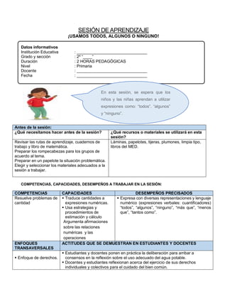 SESIÓN DE APRENDIZAJE
¡USAMOS TODOS, ALGUNOS O NINGUNO!
Datos informativos
Institución Educativa : _______________________________
Grado y sección : 2º “____”
Duración : 2 HORAS PEDAGÓGICAS
Nivel : Primaria
Docente : _______________________________
Fecha : _______________________________
Antes de la sesión:
¿Qué necesitamos hacer antes de la sesión? ¿Qué recursos o materiales se utilizará en esta
sesión?
Revisar las rutas de aprendizaje, cuadernos de
trabajo y libro de matemática.
Preparar los rompecabezas para los grupos de
acuerdo al tema.
Preparar en un papelote la situación problemática.
Elegir y seleccionar los materiales adecuados a la
sesión a trabajar.
Láminas, papelotes, tijeras, plumones, limpia tipo,
libros del MED.
COMPETENCIAS, CAPACIDADES, DESEMPEÑOS A TRABAJAR EN LA SESIÓN:
COMPETENCIAS CAPACIDADES DESEMPEÑOS PRECISADOS
Resuelve problemas de
cantidad
 Traduce cantidades a
expresiones numéricas.
 Usa estrategias y
procedimientos de
estimación y cálculo
 Argumenta afirmaciones
sobre las relaciones
numéricas y las
operaciones
 Expresa con diversas representaciones y lenguaje
numérico (expresiones verbales: cuantificadores)
“todos”, “algunos”, “ninguno”, “más que”, “menos
que”, “tantos como”.
ENFOQUES
TRANSAVERSALES
ACTITUDES QUE SE DEMUESTRAN EN ESTUDIANTES Y DOCENTES
 Enfoque de derechos.
 Estudiantes y docentes ponen en práctica la deliberación para arribar a
consensos en la reflexión sobre el uso adecuado del agua potable.
 Docentes y estudiantes reflexionan acerca del ejercicio de sus derechos
individuales y colectivos para el cuidado del bien común.
En esta sesión, se espera que los
niños y las niñas aprendan a utilizar
expresiones como: “todos”, “algunos”
y “ninguno”.
 