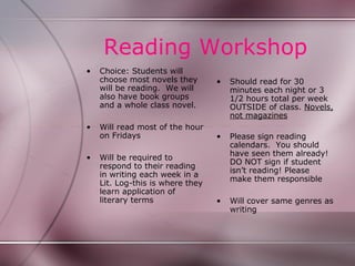 Reading Workshop
•   Choice: Students will
    choose most novels they       •   Should read for 30
    will be reading. We will          minutes each night or 3
    also have book groups             1/2 hours total per week
    and a whole class novel.          OUTSIDE of class. Novels,
                                      not magazines
•   Will read most of the hour
    on Fridays                    •   Please sign reading
                                      calendars. You should
                                      have seen them already!
•   Will be required to
                                      DO NOT sign if student
    respond to their reading
                                      isn’t reading! Please
    in writing each week in a
                                      make them responsible
    Lit. Log-this is where they
    learn application of
    literary terms                •   Will cover same genres as
                                      writing
 