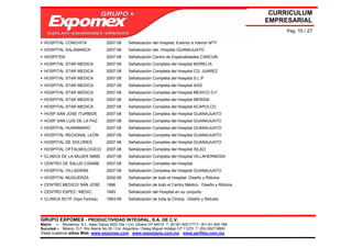 CURRICULUM
                                                                                                             EMPRESARIAL
                                                                                                                  Pág. 10 / 27

  HOSPITAL CONCHITA                  2007-08     Señalización del Hospital, Exterior e Interior MTY
  HOSPITAL SALAMANCA                 2007-08     Señalización deL Hospital GUANAJUATO
  HOSPITEN                           2007-08     Señalización Centro de Especialidades CANCUN
  HOSPITAL STAR MEDICA               2007-08     Señalización Completa del Hospital MORELIA
  HOSPITAL STAR MEDICA               2007-08     Señalización Completa del Hospital CD. JUAREZ
  HOSPITAL STAR MEDICA               2007-08     Señalización Completa del Hospital S.L.P
  HOSPITAL STAR MEDICA               2007-08     Señalización Completa del Hospital AGS
  HOSPITAL STAR MEDICA               2007-08     Señalización Completa del Hospital MEXICO D.F.
  HOSPITAL STAR MEDICA               2007-08     Señalización Completa del Hospital MERIDA
  HOSPITAL STAR MEDICA               2007-08     Señalización Completa del Hospital ACAPULCO
  HOSP SAN JOSE ITURBIDE             2007-08     Señalización Completa del Hospital GUANAJUATO
  HOSP SAN LUIS DE LA PAZ            2007-08     Señalización Completa del Hospital GUANAJUATO
  HOSPITAL HUANIMARO                 2007-08     Señalización Completa del Hospital GUANAJUATO
  HOSPITAL REGIONAL LEÒN             2007-08     Señalización Completa del Hospital GUANAJUATO
  HOSPITAL DE DOLORES                2007-08     Señalización Completa del Hospital GUANAJUATO
  HOSPITAL OFTALMOLOGICO             2007-08     Señalización Completa del Hospital SILAO
  CLINICA DE LA MUJER IMMS           2007-08     Señalización Completa del Hospital VILLAHERMOSA
  CENTRO DE SALUD CISAME             2007-08     Señalización Completa del Hospital
  HOSPITAL VILLAGRÀN                 2007-08     Señalización Completa del Hospital GUANAJUATO
  HOSPITAL MUGUERZA                  2002-06     Señalización de todo el Hospital. Diseño y Rótulos
  CENTRO MEDICO SAN JOSE             1996        Señalización de todo el Centro Médico. Diseño y Rótulos
  CENTRO ESPEC. MEDIC                1993        Señalización del Hospital en su conjunto
  CLINICA SCYF (Gpo Femsa)           1993-95     Señalización de toda la Clínica. Diseño y Rótulos




GRUPO EXPOMEX - PRODUCTIVIDAD INTEGRAL, S.A. DE C.V.
Matriz – Monterrey, N.L. Isaac Garza 2423 Ote / Col. Obrera CP 64010 T: (81)81-505-777 F: (81) 81-505-788
Sucursal – México, D.F. Río Álamo No 25 / Col. Argentina / Deleg Miguel Hidalgo CP 11270 T: (55) 5527-9800
Visita nuestros sitios Web: www.expomex.com www.exposigns.com.mx www.perfilex.com.mx
 