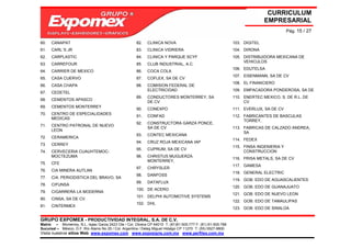 CURRICULUM
                                                                                                                            EMPRESARIAL
                                                                                                                                       Pág. 15 / 27

60.   CANAPAT                                         82.   CLINICA NOVA                                     103. DIGITEL
61.   CARL´S JR                                       83.   CLINICA VIDRIERA                                 104. DIRONA
62.   CARPLASTIC                                      84.   CLINICA Y PARQUE SCYF                            105. DISTRIBUIDORA MEXICANA DE
                                                                                                                  VEHICULOS
63.   CARREFOUR                                       85.   CLUB INDUSTRIAL, A.C.
                                                                                                             106. EDUTELSA
64.   CARRIER DE MEXICO                               86.   COCA COLA
                                                                                                             107. EISENMANN, SA DE CV
65.   CASA CUERVO                                     87.   COFLEX, SA DE CV
                                                                                                             108. EL FINANCIERO
66.   CASA CHAPA                                      88.   COMISION FEDERAL DE
                                                            ELECTRICIDAD                                     109. EMPACADORA PONDEROSA, SA DE
67.   CEDETEL
                                                      89.   CONDUCTORES MONTERREY, SA                        110. ENERTEC MEXICO, S. DE R.L. DE
68.   CEMENTOS APASCO
                                                            DE CV                                                 CV
69.   CEMENTOS MONTERREY
                                                      90.   CONEXPO                                          111. EVERLUX, SA DE CV
70.   CENTRO DE ESPECIALIDADES
                                                      91.   CONFAD                                           112. FABRICANTES DE BASCULAS
      MEDICAS
                                                                                                                  TORREY,
                                                      92.   CONSTRUCTORA GARZA PONCE,
71.   CENTRO PATRONAL DE NUEVO
                                                            SA DE CV                                         113. FABRICAS DE CALZADO ANDREA,
      LEON
                                                                                                                  SA
                                                      93.   CONTEC MEXICANA
72.   CERAMERICA
                                                                                                             114. FEDEX
                                                      94.   CRUZ ROJA MEXICANA IAP
73.   CERREY
                                                                                                             115. FINSA INGENIERIA Y
                                                      95.   CUPRUM, SA DE CV
74.   CERVECERIA CUAUHTEMOC-                                                                                      CONSTRUCCION
      MOCTEZUMA                                       96.   CHRISTUS MUGUERZA
                                                                                                             116. FRISA METALS, SA DE CV
                                                            MONTERREY,
75.   CFE
                                                                                                             117. GAMESA
                                                      97.   CHRYSLER
76.   CIA MINERA AUTLAN
                                                                                                             118. GENERAL ELECTRIC
                                                      98.   DANFOSS
77.   CIA. PERIODISTICA DEL BRAVO, SA
                                                                                                             119. GOB. EDO DE AGUASCALIENTES
                                                      99.   DATAFLUX
78.   CIFUNSA
                                                                                                             120. GOB. EDO DE GUANAJUATO
                                                      100. DE ACERO
79.   CIGARRERA LA MODERNA
                                                                                                             121. GOB. EDO DE NUEVO LEON
                                                      101. DELPHI AUTOMOTIVE SYSTEMS
80.   CINSA, SA DE CV
                                                                                                             122. GOB. EDO DE TAMAULIPAS
                                                      102. DHL
81.   CINTERMEX
                                                                                                             123. GOB. EDO DE SINALOA

GRUPO EXPOMEX - PRODUCTIVIDAD INTEGRAL, S.A. DE C.V.
Matriz – Monterrey, N.L. Isaac Garza 2423 Ote / Col. Obrera CP 64010 T: (81)81-505-777 F: (81) 81-505-788
Sucursal – México, D.F. Río Álamo No 25 / Col. Argentina / Deleg Miguel Hidalgo CP 11270 T: (55) 5527-9800
Visita nuestros sitios Web: www.expomex.com www.exposigns.com.mx www.perfilex.com.mx
 