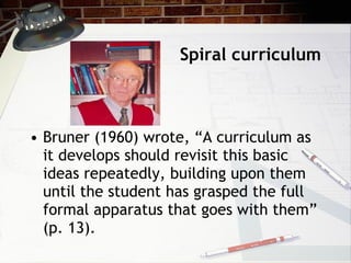 Spiral curriculum Bruner (1960) wrote, “A curriculum as it develops should revisit this basic ideas repeatedly, building upon them until the student has grasped the full formal apparatus that goes with them” (p. 13). 