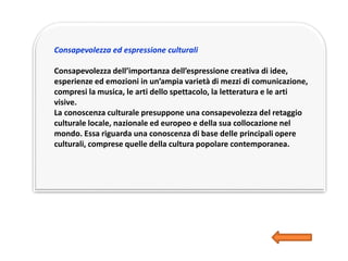 Consapevolezza ed espressione culturali
Consapevolezza dell’importanza dell’espressione creativa di idee,
esperienze ed emozioni in un’ampia varietà di mezzi di comunicazione,
compresi la musica, le arti dello spettacolo, la letteratura e le arti
visive.
La conoscenza culturale presuppone una consapevolezza del retaggio
culturale locale, nazionale ed europeo e della sua collocazione nel
mondo. Essa riguarda una conoscenza di base delle principali opere
culturali, comprese quelle della cultura popolare contemporanea.
 