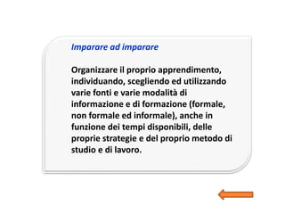 Imparare ad imparare
Organizzare il proprio apprendimento,
individuando, scegliendo ed utilizzando
varie fonti e varie modalità di
informazione e di formazione (formale,
non formale ed informale), anche in
funzione dei tempi disponibili, delle
proprie strategie e del proprio metodo di
studio e di lavoro.
 