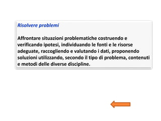 Risolvere problemi
Affrontare situazioni problematiche costruendo e
verificando ipotesi, individuando le fonti e le risorse
adeguate, raccogliendo e valutando i dati, proponendo
soluzioni utilizzando, secondo il tipo di problema, contenuti
e metodi delle diverse discipline.
 
