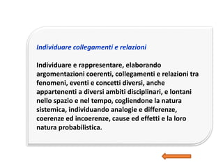 Individuare collegamenti e relazioni
Individuare e rappresentare, elaborando
argomentazioni coerenti, collegamenti e relazioni tra
fenomeni, eventi e concetti diversi, anche
appartenenti a diversi ambiti disciplinari, e lontani
nello spazio e nel tempo, cogliendone la natura
sistemica, individuando analogie e differenze,
coerenze ed incoerenze, cause ed effetti e la loro
natura probabilistica.
 