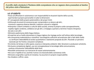 LO STUDENTE:
•Inizia ad affrontare in autonomia e con responsabilità le situazioni tipiche della sua età,
esprimendo la propria personalità in tutte le dimensioni.
•E’ consapevole delle proprie potenzialità e dei propri limiti.
•Utilizza gli strumenti di conoscenza per comprendere se stesso e gli altri,
riconosce e apprezza diverse identità, tradizioni culturali e religiose.
•Interpreta i sistemi simbolici e culturali della società, orienta le proprie scelte consapevolmente,
rispetta regole condivise, collabora con gli altri, si impegna a portare a termine il lavoro intrapreso
da solo o con altri.
•Dimostra padronanza della lingua italiana.
•Si esprime ad un livello elementare in lingua inglese che impiega anche nell’utilizzo delle tecnologie.
•Ha conoscenze matematiche e scientifico- tecnologiche sufficienti ad analizzare dati e fatti della realtà
e a verificare l’attendibilità di analisi quantitative e statistiche proposte da altri. Possiede un pensiero
razionale per far fronte a situazioni complesse.
•Si orienta nel tempo e nello spazio; osserva e interpreta ambienti, fatti, fenomeni e produzioni artistiche.
•Ha buone competenze digitali, usa con consapevolezza le tecnologie della comunicazione,
analizza criticamente l’attendibilità delle fonti.
•Possiede conoscenze e sa ricercarne di nuove autonomamente.
•Ha cura e rispetto di sé, assimila il senso e la necessità della convivenza civile.
•Dimostra originalità e spirito di iniziativa. Sa assumersi le proprie responsabilità.
•Sa chiedere e offrire aiuto.
 