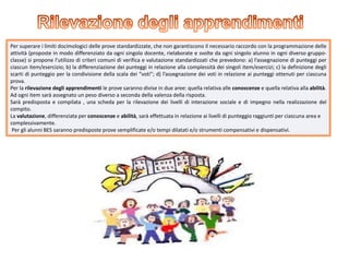 Per superare i limiti docimologici delle prove standardizzate, che non garantiscono il necessario raccordo con la programmazione delle
attività (proposte in modo differenziato da ogni singolo docente, rielaborate e svolte da ogni singolo alunno in ogni diverso gruppo-
classe) si propone l’utilizzo di criteri comuni di verifica e valutazione standardizzati che prevedono: a) l’assegnazione di punteggi per
ciascun item/esercizio; b) la differenziazione dei punteggi in relazione alla complessità dei singoli item/esercizi; c) la definizione degli
scarti di punteggio per la condivisione della scala dei “voti”; d) l’assegnazione dei voti in relazione ai punteggi ottenuti per ciascuna
prova.
Per la rilevazione degli apprendimenti le prove saranno divise in due aree: quella relativa alle conoscenze e quella relativa alla abilità.
Ad ogni item sarà assegnato un peso diverso a seconda della valenza della risposta.
Sarà predisposta e compilata , una scheda per la rilevazione dei livelli di interazione sociale e di impegno nella realizzazione del
compito.
La valutazione, differenziata per conoscenze e abilità, sarà effettuata in relazione ai livelli di punteggio raggiunti per ciascuna area e
complessivamente.
Per gli alunni BES saranno predisposte prove semplificate e/o tempi dilatati e/o strumenti compensativi e dispensativi.
 