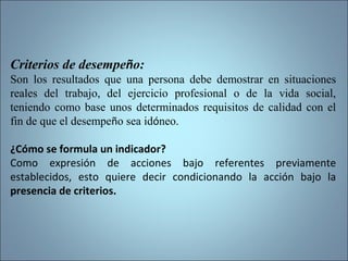 Criterios de desempeño:
Son los resultados que una persona debe demostrar en situaciones
reales del trabajo, del ejercicio profesional o de la vida social,
teniendo como base unos determinados requisitos de calidad con el
fin de que el desempeño sea idóneo.
¿Cómo se formula un indicador?
Como expresión de acciones bajo referentes previamente
establecidos, esto quiere decir condicionando la acción bajo la
presencia de criterios.
 