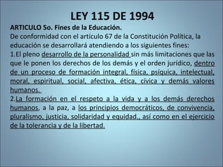 LEY 115 DE 1994
ARTICULO 5o. Fines de la Educación.
De conformidad con el artículo 67 de la Constitución Política, la
educación se desarrollará atendiendo a los siguientes fines:
1.El pleno desarrollo de la personalidad sin más limitaciones que las
que le ponen los derechos de los demás y el orden jurídico, dentro
de un proceso de formación integral, física, psíquica, intelectual,
moral, espiritual, social, afectiva, ética, cívica y demás valores
humanos.
2.La formación en el respeto a la vida y a los demás derechos
humanos, a la paz, a los principios democráticos, de convivencia,
pluralismo, justicia, solidaridad y equidad., así como en el ejercicio
de la tolerancia y de la libertad.
181
 