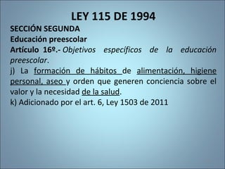 LEY 115 DE 1994
SECCIÓN SEGUNDA
Educación preescolar
Artículo 16º.- Objetivos específicos de la educación
preescolar.
j) La formación de hábitos de alimentación, higiene
personal, aseo y orden que generen conciencia sobre el
valor y la necesidad de la salud.
k) Adicionado por el art. 6, Ley 1503 de 2011
193
 