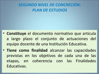 SEGUNDO NIVEL DE CONCRECIÓN:
PLAN DE ESTUDIOS
• Constituye el documento normativo que articula
a largo plazo el conjunto de actuaciones del
equipo docente de una Institución Educativa.
• Tiene como finalidad alcanzar las capacidades
previstas en los objetivos de cada una de las
etapas, en coherencia con las Finalidades
Educativas.
 