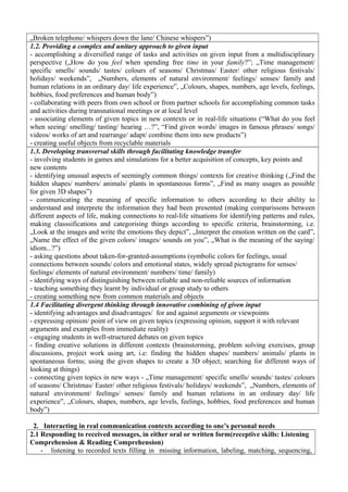 „Broken telephone/ whispers down the lane/ Chinese whispers”)
1.2. Providing a complex and unitary approach to given input
- accomplishing a diversified range of tasks and activities on given input from a multidisciplinary
perspective („How do you feel when spending free time in your family?”; „Time management/
specific smells/ sounds/ tastes/ colours of seasons/ Christmas/ Easter/ other religious festivals/
holidays/ weekends”, „Numbers, elements of natural environment/ feelings/ senses/ family and
human relations in an ordinary day/ life experience”, „Colours, shapes, numbers, age levels, feelings,
hobbies, food preferences and human body”)
- collaborating with peers from own school or from partner schools for accomplishing common tasks
and activities during transnational meetings or at local level
- associating elements of given topics in new contexts or in real-life situations (“What do you feel
when seeing/ smelling/ tasting/ hearing …?”, “Find given words/ images in famous phrases/ songs/
videos/ works of art and rearrange/ adapt/ combine them into new products”)
- creating useful objects from recyclable materials
1.3. Developing transversal skills through facilitating knowledge transfer
- involving students in games and simulations for a better acquisition of concepts, key points and
new contents
- identifying unusual aspects of seemingly common things/ contexts for creative thinking („Find the
hidden shapes/ numbers/ animals/ plants in spontaneous forms”, „Find as many usages as possible
for given 3D shapes”)
- communicating the meaning of specific information to others according to their ability to
understand and interprete the information they had been presented (making comparissons between
different aspects of life, making connections to real-life situations for identifying patterns and rules,
making classsifications and categorising things according to specific criteria, brainstorming, i.e.
„Look at the images and write the emotions they depict”, „Interpret the emotion written on the card”,
„Name the effect of the given colors/ images/ sounds on you”, „What is the meaning of the saying/
idiom...?”)
- asking questions about taken-for-granted-assumptions (symbolic colors for feelings, usual
connections between sounds/ colors and emotional states, widely spread pictograms for senses/
feelings/ elements of natural environment/ numbers/ time/ family)
- identifying ways of distinguishing between reliable and non-reliable sources of information
- teaching something they learnt by individual or group study to others
- creating something new from common materials and objects
1.4 Facilitating divergent thinking through innovative combining of given input
- identifying advantages and disadvantages/ for and against arguments or viewpoints
- expressing opinion/ point of view on given topics (expressing opinion, support it with relevant
arguments and examples from immediate reality)
- engaging students in well-structured debates on given topics
- finding creative solutions in different contexts (brainstorming, problem solving exercises, group
discussions, project work using art, i.e: finding the hidden shapes/ numbers/ animals/ plants in
spontaneous forms; using the given shapes to create a 3D object; searching for different ways of
looking at things)
- connecting given topics in new ways - „Time management/ specific smells/ sounds/ tastes/ colours
of seasons/ Christmas/ Easter/ other religious festivals/ holidays/ weekends”, „Numbers, elements of
natural environment/ feelings/ senses/ family and human relations in an ordinary day/ life
experience”, „Colours, shapes, numbers, age levels, feelings, hobbies, food preferences and human
body”)
2. Interacting in real communication contexts according to one’s personal needs
2.1 Responding to received messages, in either oral or written form(receptive skills: Listening
Comprehension & Reading Comprehension)
- listening to recorded texts filling in missing information, labeling, matching, sequencing,
 