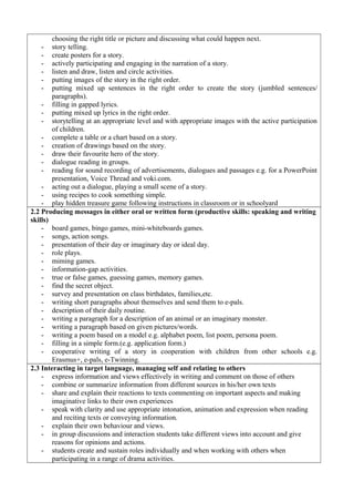choosing the right title or picture and discussing what could happen next.
- story telling.
- create posters for a story.
- actively participating and engaging in the narration of a story.
- listen and draw, listen and circle activities.
- putting images of the story in the right order.
- putting mixed up sentences in the right order to create the story (jumbled sentences/
paragraphs).
- filling in gapped lyrics.
- putting mixed up lyrics in the right order.
- storytelling at an appropriate level and with appropriate images with the active participation
of children.
- complete a table or a chart based on a story.
- creation of drawings based on the story.
- draw their favourite hero of the story.
- dialogue reading in groups.
- reading for sound recording of advertisements, dialogues and passages e.g. for a PowerPoint
presentation, Voice Thread and voki.com.
- acting out a dialogue, playing a small scene of a story.
- using recipes to cook something simple.
- play hidden treasure game following instructions in classroom or in schoolyard
2.2 Producing messages in either oral or written form (productive skills: speaking and writing
skills)
- board games, bingo games, mini-whiteboards games.
- songs, action songs.
- presentation of their day or imaginary day or ideal day.
- role plays.
- miming games.
- information-gap activities.
- true or false games, guessing games, memory games.
- find the secret object.
- survey and presentation on class birthdates, families,etc.
- writing short paragraphs about themselves and send them to e-pals.
- description of their daily routine.
- writing a paragraph for a description of an animal or an imaginary monster.
- writing a paragraph based on given pictures/words.
- writing a poem based on a model e.g. alphabet poem, list poem, persona poem.
- filling in a simple form.(e.g. application form.)
- cooperative writing of a story in cooperation with children from other schools e.g.
Erasmus+, e-pals, e-Twinning.
2.3 Interacting in target language, managing self and relating to others
- express information and views effectively in writing and comment on those of others
- combine or summarize information from different sources in his/her own texts
- share and explain their reactions to texts commenting on important aspects and making
imaginative links to their own experiences
- speak with clarity and use appropriate intonation, animation and expression when reading
and reciting texts or conveying information.
- explain their own behaviour and views.
- in group discussions and interaction students take different views into account and give
reasons for opinions and actions.
- students create and sustain roles individually and when working with others when
participating in a range of drama activities.
 
