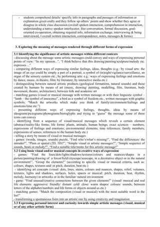 - students comprehend details/ specific info in paragraphs and passages of information or
explanation given orally and they follow up others’ points and show whether they agree or
disagree in whole class discussion.(overall spoken interaction, comprehension in interaction,
understanding a native speaker interlocutor, free conversation, formal discussion, goal-
oriented co-operation, obtaining required info, information exchange, interviewing & being
interviewed, • overall written interaction, correspondence, notes, messages & forms)
3. Exploring the meaning of messages rendered through different forms of expression
3.1 Identifying the significance of artistic messages within different contexts
- discussing about the message some artistic messages could convey and ways of expressing personal
points of view: “In my opinion...”, “I think/believe that this drawing/painting/sculpture/melody etc.
expresses ...”
- comparing different ways of expressing similar feelings, ideas, thoughts (e.g.: by visual arts: the
image of an eye could be simply a part of a portrait, a symbol of (in)sight/vigilance/surveillance, an
organ of the sensory system etc.; by performing arts: e.g.: ways of expressing feelings and emotions
by dance, music, in theatre, film; by literature; by interactive media etc.)
- distinguishing between natural artistic products (geological formations, natural sounds) and those
created by humans by means of art (music, drawing/ painting, modelling, film, literature, body
movement, theatre, architecture), between folk and academic art
- matching games (visual or musical message with written message or with their linguistic symbol –
“lamb – the symbol of innocence”, a bird as a symbol of freedom etc., written messages with graphic
symbols; “Match the artworks which make you think of family/environment/feelings and
emotions/time etc.”)
- presenting different ways of expressing feelings, thoughts, ideas by means of
ideograms/pictograms/phonograms/hieroglyphs and trying to “guess” the message some of these
icons can convey
- identifying from a sequence of visual/musical messages which reveals a certain element
(abstract/reality-like forms; life forms: plants, animals, human beings; exact sciences – numbers;
expressions of feelings and emotions; environmental elements; time references; family members;
expressions of senses; references to the human body etc.)
- telling a story by means of visual or musical messages
- games: (words, images, sounds) puzzle, “Find who’s/what’s missing!”, “Find the differences/ the
intruder!”, “Plain or spatial (2D, 3D)?”, “Simple visual or artistic messages?”, “Simple sequence of
sounds, beats or melody?”, “Find a suitable title/motto for this artistic message!”
3.2 Using basic visual and/or musical concepts in creative ways of expression
- games: “Find the lines/dots/lights/shadows/textures/colours and nuances/shapes in a
picture/painting/drawing of a forest/field/cityscape/seascape, in a decorative object or in the natural
environment!”, “Group the elements!” (according to specific visual or musical criteria, such as:
colours, shapes, textures and/ or pitch, duration, beat etc.)
- identifying art concepts (visual: dots, lines, stains, colours and nuances, shapes, relief, volumes,
textures, lights and shadows, surfaces, holes, spaces or musical: pitch, duration, beat, rhythm,
melody, harmony) in artworks or in the familiar/ natural environment
- game: “Find unusual/creative connections between the given elements!” (visual/ musical and real
life elements: aggressive/ friendly/ distant/ cold/ close/ warm shapes/ colours/ sounds; between
letters of the alphabet/numbers and life forms or objects around us etc.)
- matching games: “Match the composition (visual or musical) with the most suitable word in the
list!”
- transforming a spontaneous form into an artistic one by using creativity and imagination
3.3 Expressing personal interest and curiosity towards simple artistic messages (visual, musical
or of any other artistic form)
 
