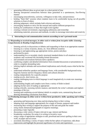 - generating different ideas on given topic in a short period of time
- drawing unexpected connections between ideas generated in a spontaneous, free-flowing
manner
- encouraging nonconformity, curiosity, willingness to take risks, and persistence
- holding “flash flub” sessions where students learn to be comfortable laying out all possible
solutions in front of others
- defering judgement, which includes both criticism and praise
- encouraging students to strive for the unusual and explore different perspectives
- looking for combinations of ideas that might work together
- creating a tolerant environment, engouraging authonomy and ownership
- substituting materials, processes and methods, in order to encourage innovation and creativity
2. Interacting in real communication contexts according to one’s personal needs
2.1 Responding to received messages, in either oral or written form (receptive skills: Listening
Comprehension & Reading Comprehension)
- listening actively to discussions or debates and responding to them in an appropriate manner
- listening to a variety of poems, drama, etc. from different countries
- listening to and appreciating age appropriate stories, poems and plays
- performed by peers
- understanding live or recorded, clearly structured standard dialect in all situations in social,
academic and vocational life (including formal discussions
- and animated conversations between native speakers).
- combining complex and detailed information from extended discussions or presentations in
order to complete demanding tasks
- infering implicit attitudes and sociocultural implications and critically assess what he/she has
heard.
- understand unfamiliar speakers and language forms, with considerable background noise,
linguistic humour and low-frequency idioms and cultural allusions
- reading independently for a specific purpose
- reading novels, short stories, etc.
- reading challenging texts in which language is used imaginatively to create new meanings
and effects
- understanding lengthy and complex texts from a variety of fields in detail.
- adapting his/her style of reading as appropriate
- reading critically, assessing stylistic nuances, and identify the writer’s attitudes and implicit
meanings of the text
- locating and combining several abstract details in complex texts, summarizing these and
drawing demanding conclusions from these
2.2 Producing messages in either oral or written form (productive skills: speaking and writing
skills)
- generating and harnessing new ideas and developing them in their writing
- adopting style and language appropriately for a range of forums, purposes and readers
- structuring their writing to support the purpose of the task and guide the reader
- using clearly demarcated paragraphs to organise meanings.
- presenting a topic logically
- discussing a wide variety of topics relevant to age, interest and themes
- broadening vocabulary for using it in writing in inventive ways
- using a range of appropriate strategies to edit, proofread and correct spelling in their own
work, on paper and on screen
- accurately describing a variety of topics within his/her sphere of experience, talk about
impressions and highlight the personal significance of events and experiences
 