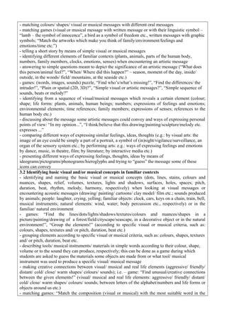 - matching colours/ shapes/ visual or musical messages with different oral messages
- matching games (visual or musical message with written message or with their linguistic symbol –
“lamb – the symbol of innocence”, a bird as a symbol of freedom etc., written messages with graphic
symbols; “Match the artworks which make you think of family/environment/feelings and
emotions/time etc.”)
- telling a short story by means of simple visual or musical messages
- identifying different elements of familiar contexts (plants, animals, parts of the human body,
numbers, family members, clocks, emotions, senses) when encountering an artistic message
- answering to simple questions meant to depict the significance of an artistic message (“What does
this person/animal feel?”, “When/ Where did this happen?” – season, moment of the day, inside/
outside, in the woods/ field/ mountains, at the seaside etc.)
- games: (words, images, sounds) puzzle, “Find who’s/what’s missing!”, “Find the differences/ the
intruder!”, “Plain or spatial (2D, 3D)?”, “Simple visual or artistic messages?”, “Simple sequence of
sounds, beats or melody?”
- identifying from a sequence of visual/musical messages which reveals a certain element (colour;
shape; life forms: plants, animals, human beings; numbers; expressions of feelings and emotions;
environmental elements; time references; family members; expressions of senses; references to the
human body etc.)
- discussing about the message some artistic messages could convey and ways of expressing personal
points of view: “In my opinion...”, “I think/believe that this drawing/painting/sculpture/melody etc.
expresses ...”
- comparing different ways of expressing similar feelings, ideas, thoughts (e.g.: by visual arts: the
image of an eye could be simply a part of a portrait, a symbol of (in)sight/vigilance/surveillance, an
organ of the sensory system etc.; by performing arts: e.g.: ways of expressing feelings and emotions
by dance, music, in theatre, film; by literature; by interactive media etc.)
- presenting different ways of expressing feelings, thoughts, ideas by means of
ideograms/pictograms/phonograms/hieroglyphs and trying to “guess” the message some of these
icons can convey
3.2 Identifying basic visual and/or musical concepts in familiar contexts
- identifying and naming the basic visual or musical concepts (dots, lines, stains, colours and
nuances, shapes, relief, volumes, textures, lights and shadows, surfaces, holes, spaces; pitch,
duration, beat, rhythm, melody, harmony, respectively) when looking at visual messages or
encountering acoustic messages (drawing/ painting/ cartoons/ clay model/ film etc.; sounds produced
by animals; people: laughter, crying, yelling; familiar objects: clock, cars, keys on a chain, train, bell,
musical instruments; natural elements: wind, water; body percussion etc., respectively) or in the
familiar/ natural environment
- games: “Find the lines/dots/lights/shadows/textures/colours and nuances/shapes in a
picture/painting/drawing of a forest/field/cityscape/seascape, in a decorative object or in the natural
environment!”, “Group the elements!” (according to specific visual or musical criteria, such as:
colours, shapes, textures and/ or pitch, duration, beat etc.)
- grouping elements according to specific visual or musical criteria, such as: colours, shapes, textures
and/ or pitch, duration, beat etc.
- describing tools/ musical instruments/ materials in simple words according to their colour, shape,
volume or to the sound they can produce, respectively; this can be done as a game during which
students are asked to guess the materials some objects are made from or what tool/ musical
instrument was used to produce a specific visual/ musical message
- making creative connections between visual/ musical and real life elements (aggressive/ friendly/
distant/ cold/ close/ warm shapes/ colours/ sounds); i.e. – game: “Find unusual/creative connections
between the given elements!” (visual/ musical and real life elements: aggressive/ friendly/ distant/
cold/ close/ warm shapes/ colours/ sounds; between letters of the alphabet/numbers and life forms or
objects around us etc.)
- matching games: “Match the composition (visual or musical) with the most suitable word in the
 