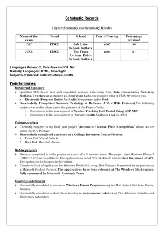 Scholastic Records

                               Higher Secondary and Secondary Results

       Name of the            Board              School         Year of Passing        Percentage
         exam                                                                           obtained
          ISC                CISCE             Salt Lake              2007                 88
                                            School, Kolkata
           ICSE              CISCE            The Frank               2005                  91
                                            Anthony Public
                                            School, Kolkata

Languages Known: C, Core Java and C# .Net
Mark-Up Languages: HTML, Silverlight
Subjects of Interest: Data Structures, DBMS

Projects/Courses:
   Industrial Exposure
      Qualified TCS talent test and completed summer Internship from Tata Consultancy Services,
       Kolkata. I worked as a trainee at Innovation Labs, the research wing of TCS. My project was
        Electronic Program Guide for Radio Frequency cable feed:
      Successfully Completed Summer Training at Reliance ADA (IMSG Division).The following
       projects was under taken under the guidance of the Project Guide.
           o Contributed to the development of Vendor Tracking Call Portal Using ASP.NET.
           o Contributed to the development of Server Health Analysis Tool (SeHAT)

   College projects
      Currently engaged in my final year project “Automatic License Plate Recognition” where we are
       using OpenCV Package
      Successfully completed a project on a College Inventory Control System
        Front End: Visual Basic 6.
        Back End: Microsoft Access

   Hobby projects
      Recently completed a hobby project as a part of a 3 member team. The project uses Windows Phone 7
       (.NET CF 3.7) as the platform. The application is called “Travel-Tweet” and utilizes the power of API.
       The application is designed in Silverlight.
      Completed 5 set of application for Windows Mobile 6.0, using .Net Compact Framework in my position as
       a Microsoft Student Partner. The applications have been released at The Windows Marketplace,
       fully sponsored by Microsoft Academic Team

   Courses Undertaken
      Successfully completed a course on Windows Forms Programming in C# at Aptech Salt lake Centre,
       Kolkata
      Successfully completed a short term training in autonomous robotics at The Advanced Robotics and
       Electronics Laboratory
 