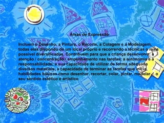 Áreas de Expressão  Incluem o Desenho, a Pintura, o Recorte, a Colagem e a Modelagem, todas elas dispondo de um local próprio e recorrendo a técnicas o mais possível diversificadas. Contribuem para que a criança desenvolva: a atenção / concentração / empenhamento nas tarefas; a autonomia e a responsabilidade; a sua capacidade de utilizar de forma adequada diversos materiais; a capacidade de terminar as tarefas que inicia, habilidades básicas como desenhar, recortar, colar, pintar, modelar… o seu sentido estético e artístico .  