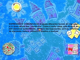 EXPRESSÃO E COMUNICAÇÃO Engloba diferentes formas de linguagem e é a área central dos “conteúdos”. Como é muito vasta, está dividida em três domínios fundamentais: Domínio das Expressões, com as vertentes de expressão motora, dramática, plástica e musical. 