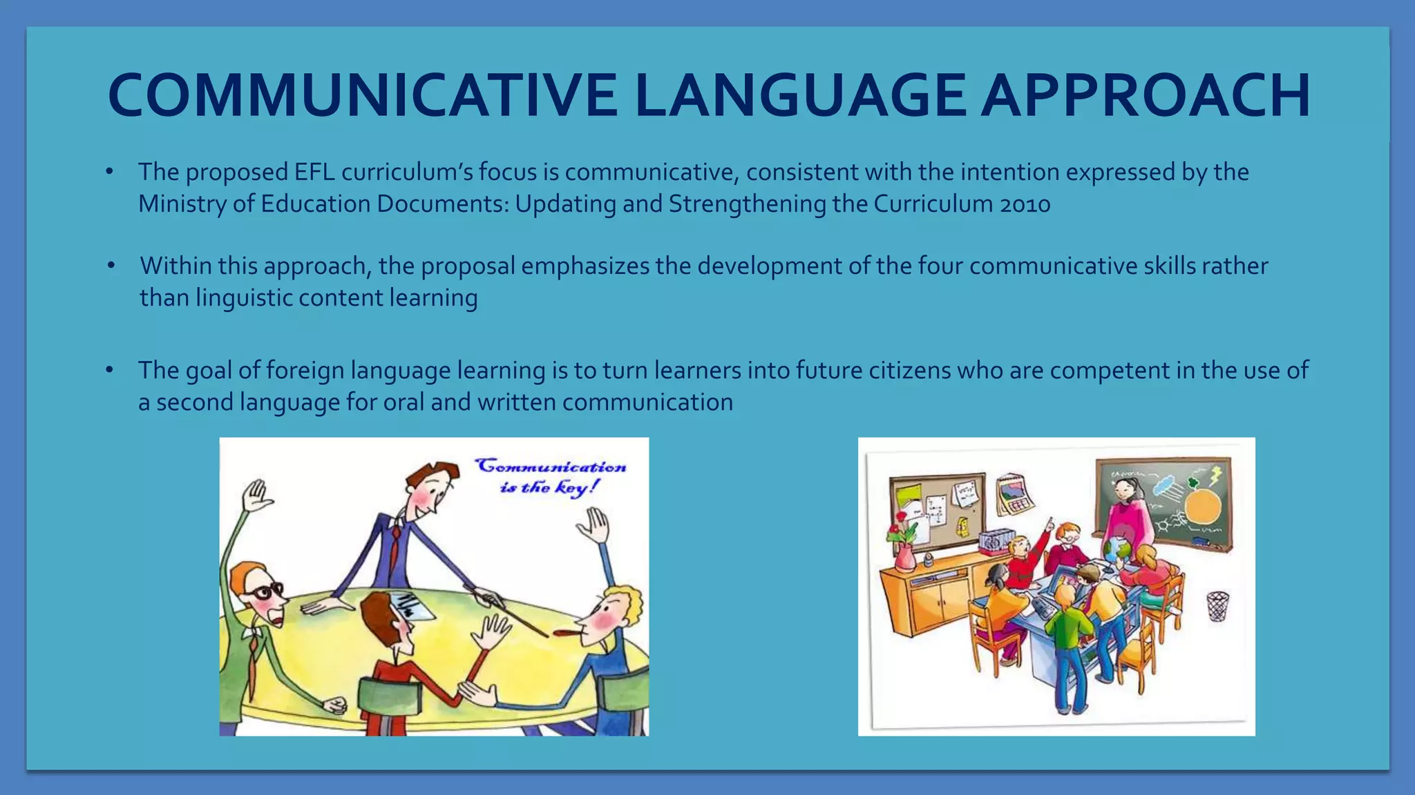 COMMUNICATIVE LANGUAGE APPROACH
• The proposed EFL curriculum’s focus is communicative, consistent with the intention expressed by the
Ministry of Education Documents: Updating and Strengthening the Curriculum 2010
• Within this approach, the proposal emphasizes the development of the four communicative skills rather
than linguistic content learning
• The goal of foreign language learning is to turn learners into future citizens who are competent in the use of
a second language for oral and written communication
 