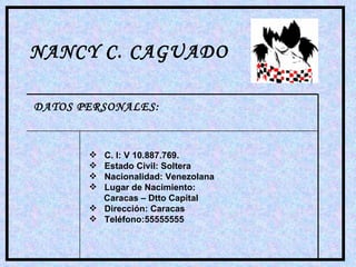 NANCY C. CAGUADO DATOS PERSONALES: ,[object Object],[object Object],[object Object],[object Object],[object Object],[object Object],[object Object]