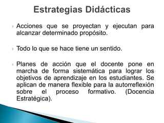  Acciones que se proyectan y ejecutan para
alcanzar determinado propósito.
 Todo lo que se hace tiene un sentido.
 Planes de acción que el docente pone en
marcha de forma sistemática para lograr los
objetivos de aprendizaje en los estudiantes. Se
aplican de manera flexible para la autorreflexión
sobre el proceso formativo. (Docencia
Estratégica).
 
