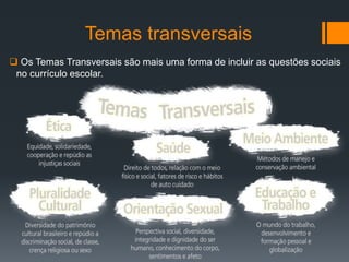 Temas transversais
 Os Temas Transversais são mais uma forma de incluir as questões sociais
no currículo escolar.
 