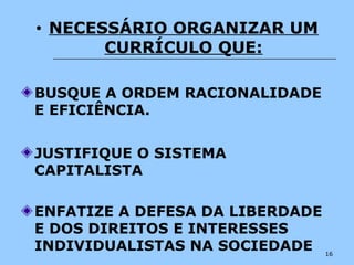 16
• NECESSÁRIO ORGANIZAR UM
CURRÍCULO QUE:
BUSQUE A ORDEM RACIONALIDADE
E EFICIÊNCIA.
JUSTIFIQUE O SISTEMA
CAPITALISTA
ENFATIZE A DEFESA DA LIBERDADE
E DOS DIREITOS E INTERESSES
INDIVIDUALISTAS NA SOCIEDADE
 