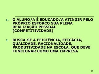 28
1. O ALUNO/A É EDUCADO/A ATINGIR PELO
PRÓPRIO ESFORÇO SUA PLENA
REALIZAÇÃO PESSOAL
(COMPETITIVIDADE)
2. BUSCA-SE A EFICIÊNCIA, EFICÁCIA,
QUALIDADE, RACIONALIDADE,
PRODUTIVIDADE NA ESCOLA, QUE DEVE
FUNCIONAR COMO UMA EMPRESA
 