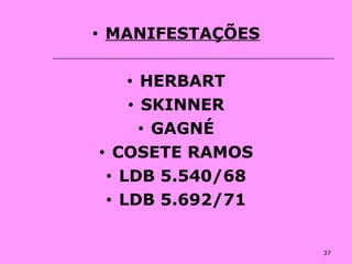 37
• MANIFESTAÇÕES
• HERBART
• SKINNER
• GAGNÉ
• COSETE RAMOS
• LDB 5.540/68
• LDB 5.692/71
 