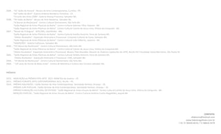 2009.. .“63° Salão do Paraná”. Museu de Arte Contemporânea, Curitiba - PR.
.“60° Salão do Abril”. Galeria Antônio Bandeira, Fortaleza - CE.
.“Circuito das Artes 2009”. Galeria Aliança Francesa, Salvador-BA.
2008.. .“XV Salão da Bahia”. Museu de Arte Moderna, Salvador-Ba.
.“IX Bienal do Recôncavo”. Centro Cultural Dannemann, São Felix-BA.
.“Salão Regional de Artes Plásticas da Bahia”. Centro Cultural Adonias Filho, Itabuna - BA.
.“Salão Regional de Artes Plásticas da Bahia”. Centro Cultural Camilo de Jesus Lima, Vitória da Conquista - BA.
2007.. .“Bienal do Triângulo”. SESC/MG, Uberlândia - MG.
.“Salão Regional de Artes Plásticas da Bahia”. Centro Cultural Amélio Amorim, Feira de Santana-BA.
. “Afetos Roubados”. Exposição Itinerante e Processual. Conjunto Cultural da Caixa, Salvador-BA.
.“Salão Regional de Artes Plásticas da Bahia”. Centro Cultural João Gilberto, Juazeiro - BA.
.“INSERÇÔES”. Galeria Cañizares, Salvador-BA.
2006.. .“VIII Bienal do Recôncavo”. Centro Cultural Dannemann, São Felix-BA.
.“Salão Regional de Artes Plásticas da Bahia”. Centro Cultural Camilo de Jesus Lima, Vitória da Conquista-BA.
.“Afetos Roubados”. Exposição Itinerante e Processual. Museu Théo Brandão, Maceió-AL /Galeria Capibaribe da UFPE, Recife-PE/ Faculdade Santa Marcelina, São Paulo-SP.
2005.. .“Salão Regional de Artes Plásticas da Bahia”. Centro Cultural Amélio Amorim, Feira de Santana-BA.
.“Afetos Roubados”. Exposição Itinerante e Processual. ICBA, Salvador-BA.
2004.. .“VII Bienal do Recôncavo”. Centro Cultural Dannemann, São Felix-BA.
2003.. .“125 anos de Escola de Belas Artes”. Centro de Memória e Cultura dos Correios Salvador-BA.
PRÊMIOS
2015.. .INDICAÇÃO ao PRÊMIO PIPA ARTE 2015. MAM Rio de Janeiro – JR.
2011.. .PRÊMIO FUNARTE ARTE CONTEMPORÂNEA 2011. Recife – PE.
2010.. .PRÊMIO AQUISIÇÃO. I Salão Semear de Arte Contemporânea. Sociedade Semear, Aracaju – SE.
.PRÊMIO JURI POPULAR. I Salão Semear de Arte Contemporânea. Sociedade Semear, Aracaju – SE.
.PRÊMIO FUNDAÇÃO CULTURAL DO ESTADO. “Salão Regional de Artes Visuais da Bahia”. Centro Cultural Camilo de Jesus Lima, Vitória da Conquista - BA.
.MENÇÂO ESPECIAL. “Salão Regional de Artes Visuais da Bahia”. Centro Cultural Antônio Carlos Magalhães, Jequié-BA.
CONTATO:
afabiocm@hotmail.com
www.fabiomagalhaes.com.br
+ 55 71 99269-6676 / 71 98818-5479
 