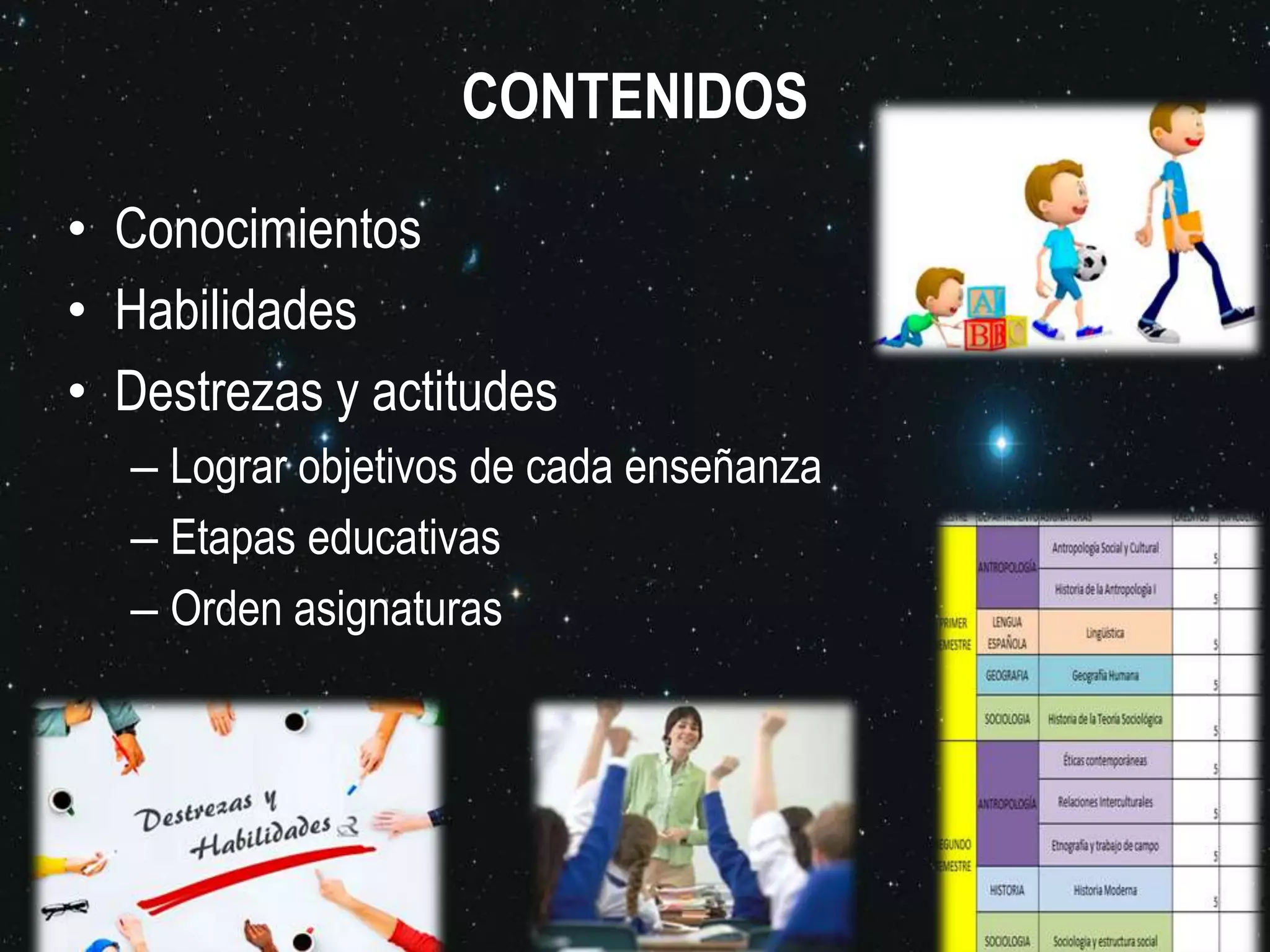 CONTENIDOS
• Conocimientos
• Habilidades
• Destrezas y actitudes
– Lograr objetivos de cada enseñanza
– Etapas educativas
– Orden asignaturas