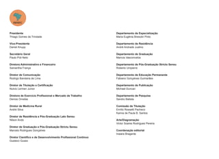 Presidente
Thiago Gomes da Trindade
Vice-Presidente
Daniel Knupp
Secretário Geral
Paulo Poli Neto
Diretora Administrativo e Financeiro
Samantha França
Diretor de Comunicação
Rodrigo Bandeira de Lima
Diretor de Titulação e Certificação
Nulvio Lermen Junior
Diretora de Exercício Profissional e Mercado de Trabalho
Denize Ornelas
Diretor de Medicina Rural
André Silva
Diretor de Residência e Pós-Graduação Lato Sensu
Nilson Ando
Diretor de Graduação e Pós-Graduação Strictu Sensu
Marcelo Rodrigues Gonçalves
Diretor Científico e de Desenvolvimento Profissional Contínuo
Gustavo Gusso
Departamento de Especialização
Maria Eugênia Bresolin Pinto
Departamento de Residência
André Andrade Justino
Departamento de Graduação
Marcos Vasconcelos
Departamento de Pós-Graduação Stricto Sensu
Roberto Umpierre
Departamento de Educação Permanente
Fabiano Gonçalves Guimarães
Departamento de Publicação
Michael Duncan
Departamento de Pesquisa
Sandro Batista
Comissão de Titulação
Emílio Rossetti Pacheco
Karina de Paula B. Santos
Arte/Diagramação
Victor Soares Rodrigues Pereira
Coordenação editorial
Inaiara Bragante
 