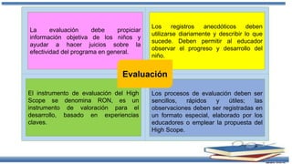 La evaluación debe propiciar
información objetiva de los niños y
ayudar a hacer juicios sobre la
efectividad del programa en general.
El instrumento de evaluación del High
Scope se denomina RON, es un
instrumento de valoración para el
desarrollo, basado en experiencias
claves.
Los procesos de evaluación deben ser
sencillos, rápidos y útiles; las
observaciones deben ser registradas en
un formato especial, elaborado por los
educadores o emplear la propuesta del
High Scope.
Los registros anecdóticos deben
utilizarse diariamente y describir lo que
sucede. Deben permitir al educador
observar el progreso y desarrollo del
niño.
Evaluación
 