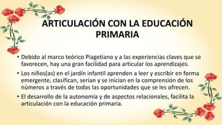 ARTICULACIÓN CON LA EDUCACIÓN
PRIMARIA
• Debido al marco teórico Piagetiano y a las experiencias claves que se
favorecen, hay una gran facilidad para articular los aprendizajes.
• Los niños(as) en el jardín infantil aprenden a leer y escribir en forma
emergente, clasifican, serian y se inician en la comprensión de los
números a través de todas las oportunidades que se les ofrecen.
• El desarrollo de la autonomía y de aspectos relacionales, facilita la
articulación con la educación primaria.
 