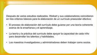 Después de varios estudios realizados, Weikart y sus colaboradores coincidieron
en tres criterios básicos para la elaboración de un currículo preescolar efectivo:
• El proceso de elaboración del currículo debe guiarse por una teoría coherente
acerca de la enseñanza y el aprendizaje.
• La teoría y la práctica del currículo debe apoyar la capacidad de cada niño
para desarrollar los talentos y habilidades.
• Los maestros investigadores y administradores deben trabajar como socios.
 