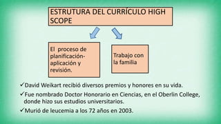 ESTRUTURA DEL CURRÍCULO HIGH
SCOPE
David Weikart recibió diversos premios y honores en su vida.
Fue nombrado Doctor Honorario en Ciencias, en el Oberlin College,
donde hizo sus estudios universitarios.
Murió de leucemia a los 72 años en 2003.
El proceso de
planificación-
aplicación y
revisión.
Trabajo con
la familia
 