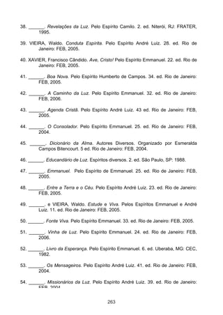 38. ______. Revelações da Luz. Pelo Espírito Camilo. 2. ed. Niterói, RJ: FRATER,
        1995.

39. VIEIRA, Waldo. Conduta Espírita. Pelo Espírito André Luiz. 28. ed. Rio de
        Janeiro: FEB, 2005.

40. XAVIER, Francisco Cândido. Ave, Cristo! Pelo Espírito Emmanuel. 22. ed. Rio de
        Janeiro: FEB, 2005.

41. ______. Boa Nova. Pelo Espírito Humberto de Campos. 34. ed. Rio de Janeiro:
        FEB, 2005.

42. ______. A Caminho da Luz. Pelo Espírito Emmanuel. 32. ed. Rio de Janeiro:
        FEB, 2006.

43. ______. Agenda Cristã. Pelo Espírito André Luiz. 43 ed. Rio de Janeiro: FEB,
        2005.

44. ______. O Consolador. Pelo Espírito Emmanuel. 25. ed. Rio de Janeiro: FEB,
        2004.

45. ______. Dicionário da Alma. Autores Diversos. Organizado por Esmeralda
       Campos Bitencourt. 5 ed. Rio de Janeiro: FEB, 2004.

46. ______. Educandário de Luz. Espíritos diversos. 2. ed. São Paulo, SP: 1988.

47. ______. Emmanuel. Pelo Espírito de Emmanuel. 25. ed. Rio de Janeiro: FEB,
        2005.

48. ______. Entre a Terra e o Céu. Pelo Espírito André Luiz. 23. ed. Rio de Janeiro:
        FEB, 2005.

49. ______. e VIEIRA, Waldo. Estude e Viva. Pelos Espíritos Emmanuel e André
        Luiz. 11. ed. Rio de Janeiro: FEB, 2005.

50. ______. Fonte Viva. Pelo Espírito Emmanuel. 33. ed. Rio de Janeiro: FEB, 2005.

51. ______. Vinha de Luz. Pelo Espírito Emmanuel. 24. ed. Rio de Janeiro: FEB,
        2006.

52. ______. Livro da Esperança. Pelo Espírito Emmanuel. 6. ed. Uberaba, MG: CEC,
        1982.

53. ______. Os Mensageiros. Pelo Espírito André Luiz. 41. ed. Rio de Janeiro: FEB,
        2004.

54. ______. Missionários da Luz. Pelo Espírito André Luiz. 39. ed. Rio de Janeiro:
        FEB, 2004.


                                         263
 