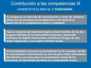 COMPETENCIA SOCIAL Y  CIUDADANA Contribución a las competencias III <ul><li>El plurilingüismo favorece la participación en...