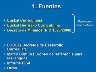 1. Fuentes <ul><li>Euskal Curriculuma </li></ul><ul><li>Euskal Herrirako Curriculuma  </li></ul><ul><li>Decreto de Mínimos...