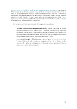 36
Competencia 4: INTERACTÚA A TRAVÉS DE SUS HABILIDADES SOCIOMOTRICES en la práctica de
diferentes actividades físicas (juegos, deportes, actividades predeportivas, etc.). Implica poner en
juego los recursos personales para una apropiada interacción social, inclusión y convivencia,
insertándose adecuadamente en el grupo y resolviendo conflictos de manera asertiva, empática
y pertinente a cada situación. De igual manera, aplica estrategias y tácticas para el logro de un
objetivo común en la práctica de diferentes actividades físicas, mostrando una actitud proactiva
en la organización de eventos lúdicos y deportivos.
Esta competencia implica la combinación de las siguientes capacidades:
 Se relaciona utilizando sus habilidades sociomotrices: supone interactuar de manera
asertiva con los demás en la práctica lúdica y deportiva experimentando el placer y
disfrute que ella representa. Por otro lado, desarrolla habilidades como el respeto a las
normas de juego, liderazgo, tolerancia, actitud proactiva, la resolución de conflictos
interpersonales, la pertenencia positiva a un grupo, entre otras.
 Crea y aplica estrategias y tácticas de juego: supone emplear los recursos personales y
las potencialidades de cada miembro del equipo para el logro de un objetivo común,
desarrollando y aplicando reglas y soluciones tácticas de juego en actividades físicas de
colaboración, cooperación y oposición.
 