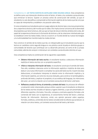 50
Competencia 11: LEE TEXTOS ESCRITOS EN CASTELLANO COMO SEGUNDA LENGUA. Esta competencia
se define como una interacción dinámica entre el lector, el texto y los contextos socioculturales
que enmarcan la lectura. Supone un proceso activo de construcción del sentido, ya que el
estudiante no solo decodifica o comprende la información explícita de los textos que lee sino que
es capaz de interpretarlos y establecer una posición sobre ellos.
En esta competencia el estudiante pone en juego saberes de distinto tipo y recursos provenientes
de su experiencia lectora y del mundo que lo rodea. Ello implica tomar conciencia de la diversidad
de propósitos que tiene la lectura, del uso que se hace de esta en distintos ámbitos de la vida, del
papel de la experiencia literaria en la formación de lectores y de las relaciones intertextuales que
se establecen entre los textos leídos. Esto es crucial en un mundo donde las nuevas tecnologías
y la multimodalidad han transformado los modos de leer.
Para construir el sentido de los textos que lee, es indispensable que el estudiante asuma que la
lectura en castellano como segunda lengua es una práctica social situada en distintos grupos o
comunidades de lectores que contribuye con su desarrollo personal, así como el de su propia
comunidad, además de conocer e interactuar con contextos socioculturales distintos al suyo.
Esta competencia implica la combinación de las siguientes capacidades:
 Obtiene información del texto escrito: el estudiante localiza y selecciona información
explícita en textos escritos con un propósito específico.
 Infiere e interpreta información del texto: el estudiante construye el sentido del texto.
Para ello, establece relaciones entre la información explícita e implícita de éste para
deducir una nueva información o completar los vacíos del texto escrito. A partir de estas
deducciones, el estudiante interpreta la relación entre la información implícita y la
información explícita, así como los recursos textuales, para construir el sentido global y
profundo del texto, y explicar el propósito, el uso estético del lenguaje, las intenciones
del autor, así como la relación con el contexto sociocultural del lector y del texto.
 Reflexiona y evalúa la forma, el contenido y contexto del texto: los procesos de reflexión
y evaluación están relacionados porque ambos suponen que el estudiante se distancie
de los textos escritos situados en épocas y lugares distintos, y que son presentados en
diferentes soportes y formatos. Para ello, compara y contrasta aspectos formales y de
contenido del texto con la experiencia, el conocimiento formal del lector y diversas
fuentes de información. Asimismo, emite una opinión personal sobre aspectos
formales, estéticos, contenidos de los textos considerando los efectos que producen, la
relación con otros textos, y el contexto sociocultural del texto y del lector.
 