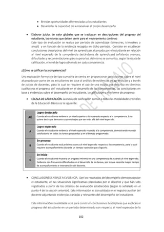 102
 Brindar oportunidades diferenciadas a los estudiantes
 Desarrollar la capacidad de autoevaluar el propio desempeño
 Elaborar juicios de valor globales que se traduzcan en descripciones del progreso del
estudiante, las mismas que deben servir para el mejoramiento continuo
Este tipo de evaluación se realiza por período de aprendizaje (bimestres, trimestres o
anual) y en función de la evidencia recogida en dicho período. Consiste en establecer
conclusiones descriptivas del nivel de aprendizaje alcanzado por el estudiante en relación
al nivel esperado de la competencia (estándares de aprendizaje) señalando avances,
dificultades y recomendaciones para superarlos. Asimismo se comunica, según la escala de
calificación, el nivel de logro obtenido en cada competencia.
¿Cómo se califican las competencias?
Una evaluación formativa de tipo sumativa se centra en proporcionar conclusiones sobre el nivel
alcanzado por parte de los estudiantes en base al análisis de evidencias de aprendizaje y a través
de juicios de docentes, para lo cual se requiere el uso de una escala que describa en términos
cualitativos el progreso del estudiante en el desarrollo de las competencias, las conclusiones en
base a evidencias sobre el desempeño del estudiante, la calificación y el informe de progreso:
 ESCALA DE CALIFICACIÓN. La escala de calificación común a todas las modalidades y niveles
de la Educación Básica es la siguiente:
 CONCLUSIONES EN BASE A EVIDENCIA. Son los resultados del desempeño demostrado por
el estudiante, en las situaciones significativas planteadas por el docente y que han sido
registrados a partir de los criterios de evaluación establecidos (según lo señalado en el
punto 4 de la sección anterior). Esta información es consolidada en el registro auxiliar del
docente adjuntando evidencias variadas y relevantes del desempeño del estudiante.
Esta información consolidada sirve para construir conclusiones descriptivas que explican el
progreso del estudiante en un período determinado con respecto al nivel esperado de la
AD
Logro destacado
Cuando el estudiante evidencia un nivel superior a lo esperado respecto a la competencia. Esto
quiere decir que demuestra aprendizajes que van más allá del nivel esperado.
A
Logro esperado
Cuando el estudiante evidencia el nivel esperado respecto a la competencia, demostrando manejo
satisfactorio en todas las tareas propuestas y en el tiempo programado.
B
En proceso
Cuando el estudiante está próximo o cerca al nivel esperado respecto a la competencia, para lo cual
requiere acompañamiento durante un tiempo razonable para lograrlo.
C
En inicio
Cuando el estudiante muestra un progreso mínimo en una competencia de acuerdo al nivel esperado.
Evidencia con frecuencia dificultades en el desarrollo de las tareas, por lo que necesita mayor tiempo
de acompañamiento e intervención del docente.
 