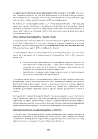 110
Las regiones que cuentan con currículos regionales o proyectos curriculares de la región, construidos
o en proceso de elaboración, de acuerdo al Reglamento de la Ley General de Educación deben
actualizarlos en relación a los ajustes realizados al Currículo Nacional de la Educación Básica. Luego
de lo cual, deben solicitar la opinión favorable del Ministerio de Educación.
No obstante, en aquellas regiones donde en un tiempo relativamente corto se han producido
tendencias o cambios significativos a nivel social, económico, financiero, demográfico, cultural,
entre otros, que tienen la capacidad de limitar o por el contrario abrir nuevas oportunidades en la
región, deben realizar una actualización del Currículo Regional que responda a esas demandas o
necesidades de la región.
A NIVEL DE LA INSTITUCIÓN EDUCATIVA PÚBLICA O PRIVADA
El Proyecto Educativo Institucional (PEI) es el principal instrumento de gestión educativa. Contiene
la identidad, el diagnóstico de la comunidad educativa, la propuesta de gestión y la propuesta
pedagógica. La propuesta pedagógica contiene el Proyecto Curricular de la institución educativa
(PCI), que se construye a partir del Proyecto Educativo Regional.
Las normas también señalan que el Proyecto Curricular de la institución educativa tiene valor oficial
a partir de su aprobación por la instancia superior correspondiente (UGEL o DRE) y precisan,
además, que:
 El PCI se construye sobre la base del Currículo Regional y es parte constitutiva del
Proyecto Educativo Institucional (PEI). El proceso de diversificación a este nivel es
conducido por la dirección de la institución educativa en coordinación con los
docentes y con participación de la comunidad educativa.
 Las instituciones educativas unidocentes y multigrado pueden formular un proyecto
curricular de la red educativa a la que pertenecen.
Es importante precisar que las instituciones educativas deben desarrollar todas las competencias
que demanda el Currículo Nacional de la Educación Básica, incluyendo las modificaciones realizadas
durante el proceso de diversificación regional. La diversificación a nivel de institución educativa
aporta valor agregado a estas demandas, situándolas en el contexto de la propia realidad de los
estudiantes que atienden y poniendo énfasis en aquellos aspectos que esa misma realidad le
requiere.
Con respecto a las horas de libre disponibilidad, las instituciones educativas pueden implementar
talleres, laboratorios, proyectos u otras formas de organización curricular que permitan recuperar
y aprovechar los saberes, conocimientos y valores de un determinado contexto social, histórico,
político, cultural y ambiental, promoviendo el desarrollo pleno de los estudiantes y la posibilidad
de desenvolverse de manera óptima en su entorno inmediato y en el mundo globalizado.
ADECUACIÓN CURRICULAR EN LA EDUCACIÓN BÁSICA ALTERNATIVA
La Educación Básica Alternativa atiende a los grupos vulnerables de áreas rurales y periurbanas, y
responde a la diversidad de los estudiantes que atiende, con una oferta específica que tiene en
cuenta criterios de edad, género, lengua materna, trayectorias educativas, experiencias de vida y
laborales, intereses, necesidades, demandas del sector productivo, etc.
 
