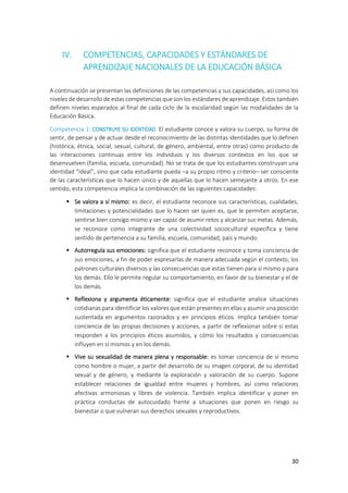 30
IV. COMPETENCIAS, CAPACIDADES Y ESTÁNDARES DE
APRENDIZAJE NACIONALES DE LA EDUCACIÓN BÁSICA
A continuación se presentan las definiciones de las competencias y sus capacidades, así como los
niveles de desarrollo de estas competencias que son los estándares de aprendizaje. Estos también
definen niveles esperados al final de cada ciclo de la escolaridad según las modalidades de la
Educación Básica.
Competencia 1: CONSTRUYE SU IDENTIDAD. El estudiante conoce y valora su cuerpo, su forma de
sentir, de pensar y de actuar desde el reconocimiento de las distintas identidades que lo definen
(histórica, étnica, social, sexual, cultural, de género, ambiental, entre otras) como producto de
las interacciones continuas entre los individuos y los diversos contextos en los que se
desenvuelven (familia, escuela, comunidad). No se trata de que los estudiantes construyan una
identidad “ideal”, sino que cada estudiante pueda –a su propio ritmo y criterio– ser consciente
de las características que lo hacen único y de aquellas que lo hacen semejante a otros. En ese
sentido, esta competencia implica la combinación de las siguientes capacidades:
 Se valora a sí mismo: es decir, el estudiante reconoce sus características, cualidades,
limitaciones y potencialidades que lo hacen ser quien es, que le permiten aceptarse,
sentirse bien consigo mismo y ser capaz de asumir retos y alcanzar sus metas. Además,
se reconoce como integrante de una colectividad sociocultural específica y tiene
sentido de pertenencia a su familia, escuela, comunidad, país y mundo.
 Autorregula sus emociones: significa que el estudiante reconoce y toma conciencia de
sus emociones, a fin de poder expresarlas de manera adecuada según el contexto, los
patrones culturales diversos y las consecuencias que estas tienen para sí mismo y para
los demás. Ello le permite regular su comportamiento, en favor de su bienestar y el de
los demás.
 Reflexiona y argumenta éticamente: significa que el estudiante analice situaciones
cotidianas para identificar los valores que están presentes en ellas y asumir una posición
sustentada en argumentos razonados y en principios éticos. Implica también tomar
conciencia de las propias decisiones y acciones, a partir de reflexionar sobre si estas
responden a los principios éticos asumidos, y cómo los resultados y consecuencias
influyen en sí mismos y en los demás.
 Vive su sexualidad de manera plena y responsable: es tomar conciencia de sí mismo
como hombre o mujer, a partir del desarrollo de su imagen corporal, de su identidad
sexual y de género, y mediante la exploración y valoración de su cuerpo. Supone
establecer relaciones de igualdad entre mujeres y hombres, así como relaciones
afectivas armoniosas y libres de violencia. También implica identificar y poner en
práctica conductas de autocuidado frente a situaciones que ponen en riesgo su
bienestar o que vulneran sus derechos sexuales y reproductivos.
 